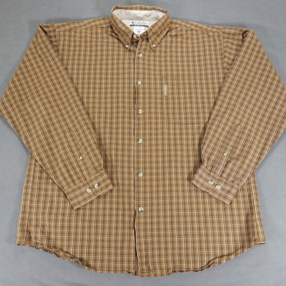 Columbia Mens Shirt XL Brown Plaid Check Button Collar Outdoor Gorpcore Top